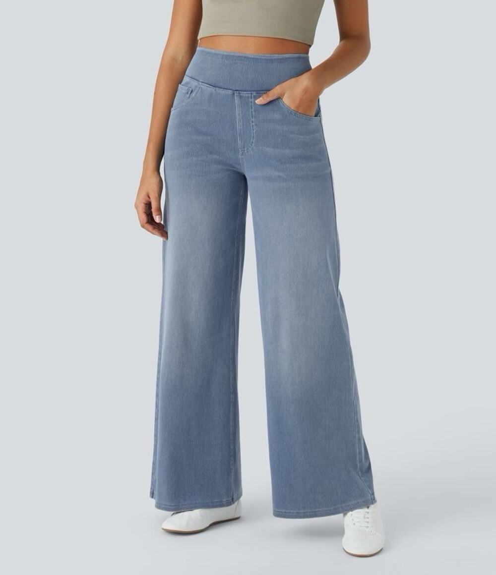 Halara Flex High Waisted Pockets Baggy Wide Leg Washed Casual Jeans XS Reg